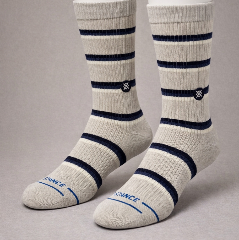 Stance MultiStriped Gray and Navy, Casual Crew Socks, Mens L, 9-13 Cotton